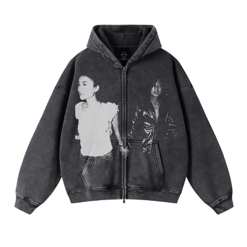 Forget Me Not Faded Zip Up Hoodie - Black